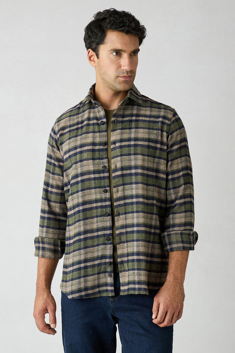Dark Khaki Regular Fit Flannel Plaid Long Shirt