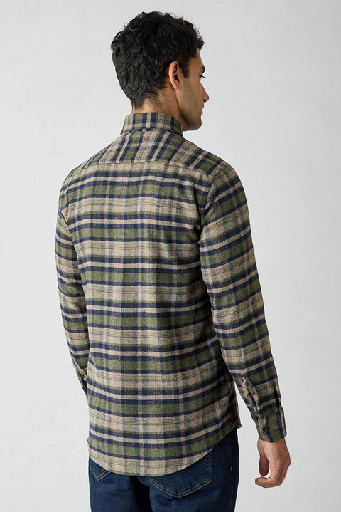 Dark Khaki Regular Fit Flannel Plaid Long Shirt