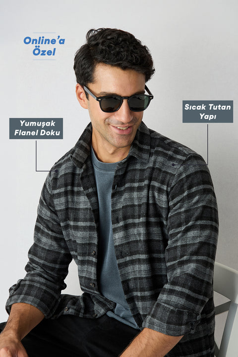 Dark Anthracite Regular Fit Flannel Plaid Long Shirt