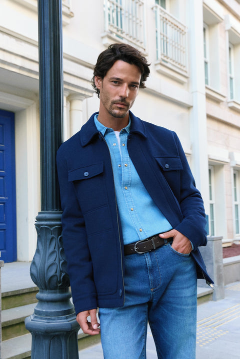 Dark Navy Regular Fit Stand-Up Collar Zippered Jacket