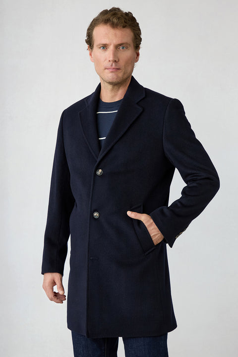 Dark Navy Regular Fit Notch Lapel Plain Wool & Cashmere Blend Coat