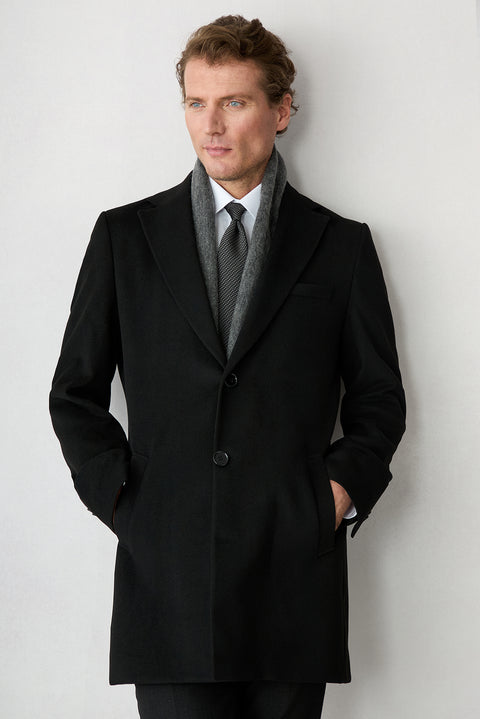 Black 6 Drop Regular Fit Notch Lapel Plain Coat