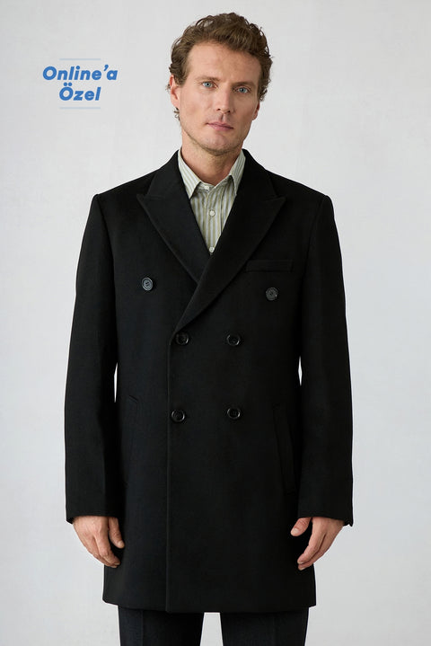 Black 6 Drop Regular Fit Double-Breasted Notch Lapel Plain Coat