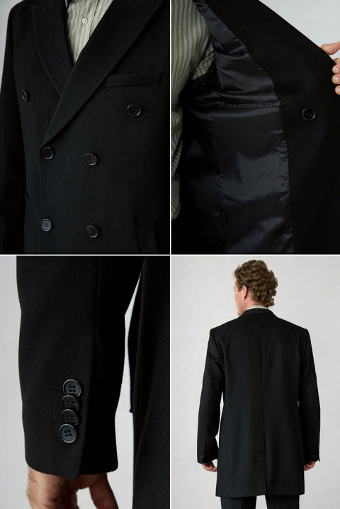 Black 6 Drop Regular Fit Double-Breasted Notch Lapel Plain Coat