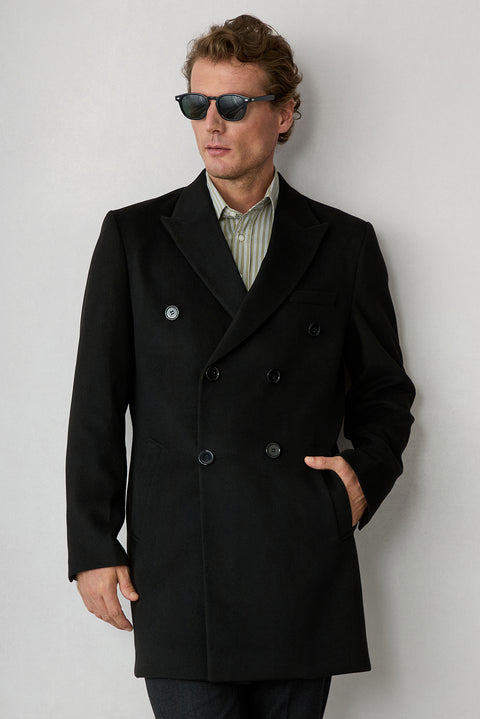 Black 6 Drop Regular Fit Double-Breasted Notch Lapel Plain Coat