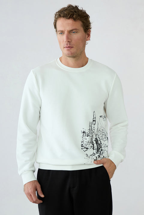 Ecru Regular Fit Crew Neck Printed Cotton Sweatshirt