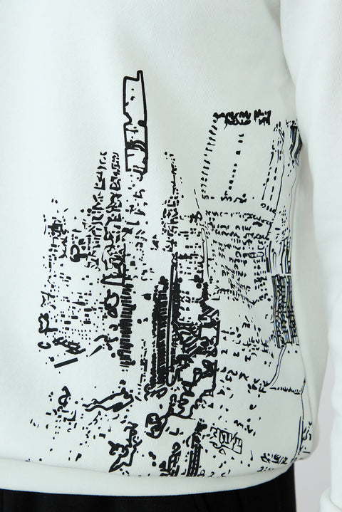 Ecru Regular Fit Crew Neck Printed Cotton Sweatshirt