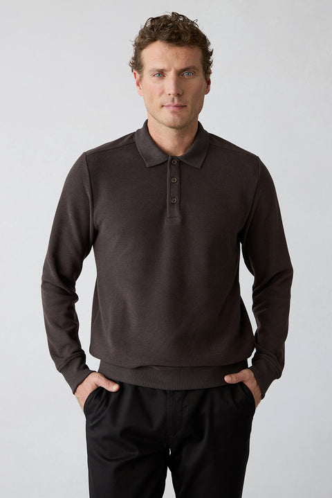Koyu Kahve Polo Yaka Regular Fit Pamuklu Sweatshirt