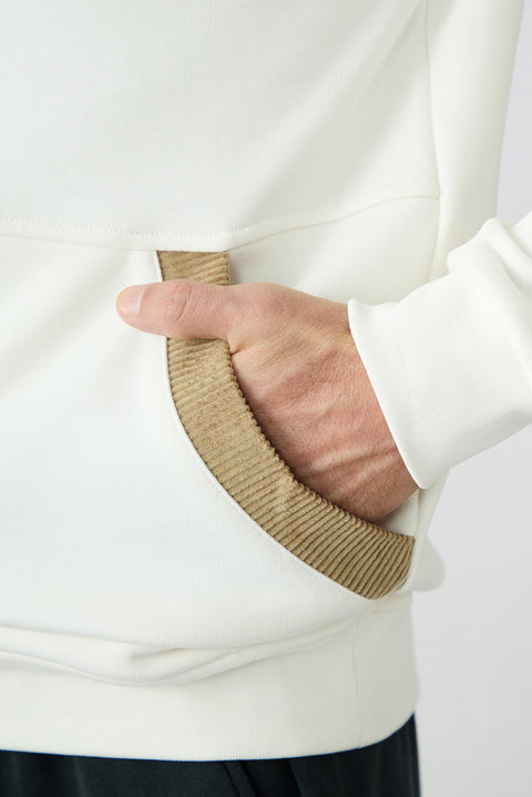 White Regular Fit Zippered Boat Neck Cotton Sweatshirt