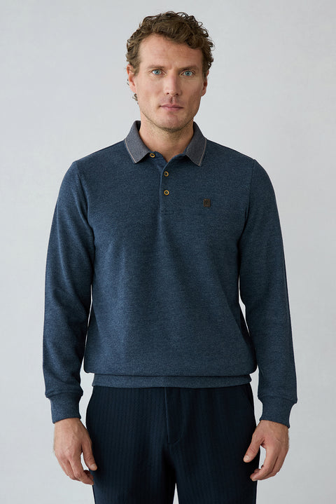 Mid Navy Mélange Polo Neck Regular Fit Cotton Sweatshirt