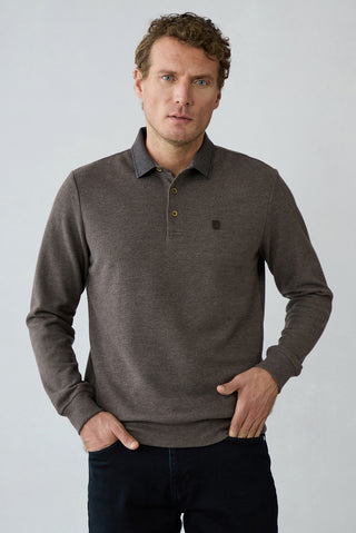  Açık Kahve Melanj Polo Yaka Regular Fit Pamuklu Sweat Shirt