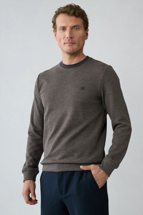 Light Brown Mélange Crew Neck Regular Fit Cotton Sweatshirt