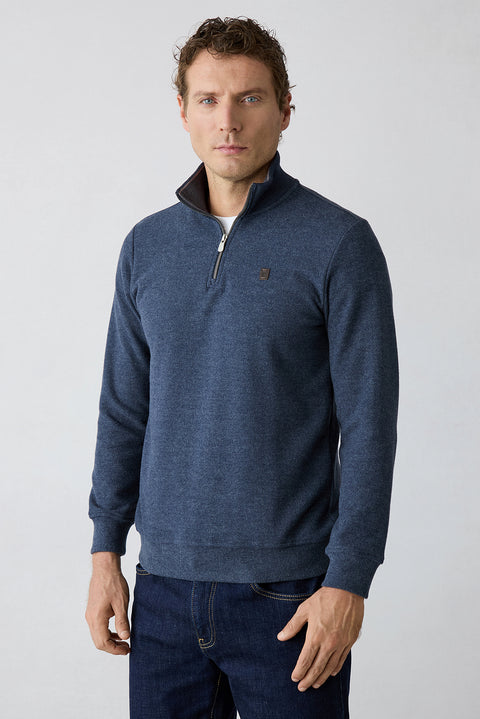 Orta Lacivert Melanj Yarım Balıkçı Yaka Regular Fit Fermuarlı Fırçalı Selanik Sweatshirt