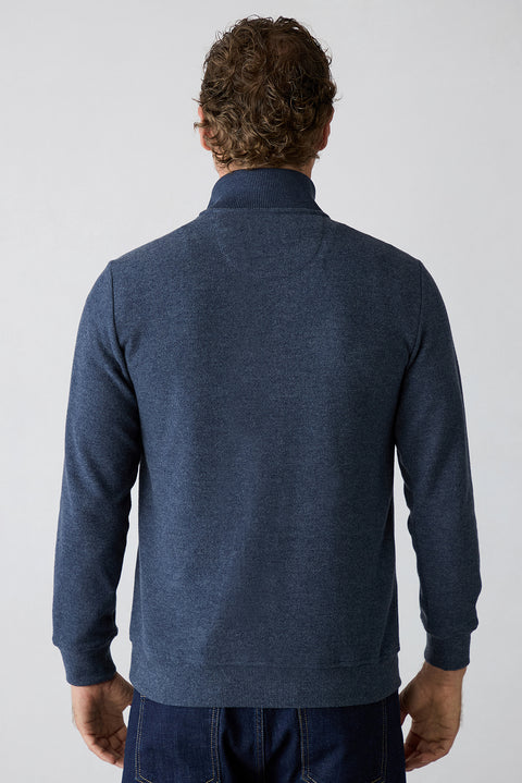 Orta Lacivert Melanj Yarım Balıkçı Yaka Regular Fit Fermuarlı Fırçalı Selanik Sweatshirt
