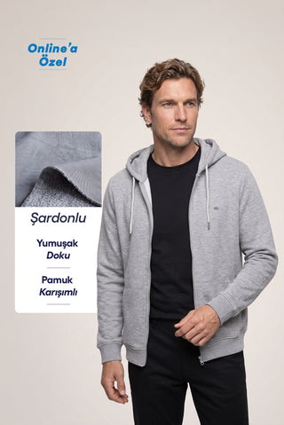  Orta Gri Melanj Kapüşonlu Fermuarlı Cepli Regular Fit Şardonlu Sıcak Tutan Pamuklu Basic Sweatshirt Hırka