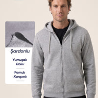 Orta Gri Melanj Kapüşonlu Fermuarlı Cepli Regular Fit Üç İplik Şardonlu Sıcak Tutan Pamuklu Basic Sweatshirt Hırka