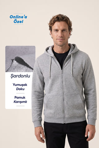  Orta Gri Melanj Kapüşonlu Fermuarlı Cepli Regular Fit Şardonlu Sıcak Tutan Pamuklu Basic Sweatshirt Hırka