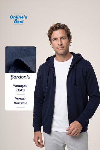  Koyu Lacivert Kapüşonlu Fermuarlı Cepli Regular Fit Şardonlu Sıcak Tutan Pamuklu Basic Sweatshirt Hırka