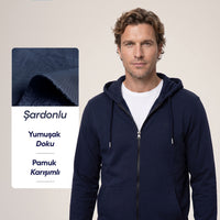 Koyu Lacivert Kapüşonlu Fermuarlı Cepli Regular Fit Üç İplik Şardonlu Sıcak Tutan Pamuklu Basic Sweatshirt Hırka