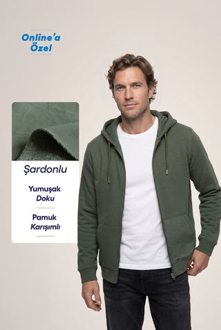  Orta Haki Kapüşonlu Fermuarlı Cepli Regular Fit Şardonlu Sıcak Tutan Pamuklu Basic Sweatshirt Hırka