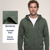Orta Haki Kapüşonlu Fermuarlı Cepli Regular Fit Üç İplik Şardonlu Sıcak Tutan Pamuklu Basic Sweatshirt Hırka