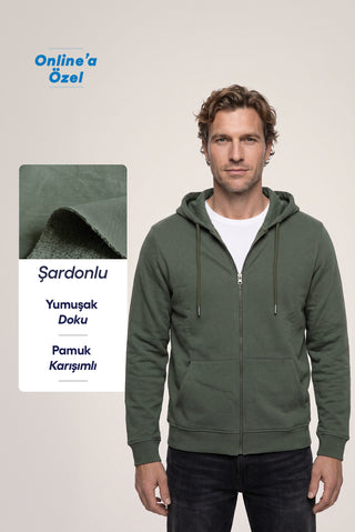  Orta Haki Kapüşonlu Fermuarlı Cepli Regular Fit Şardonlu Sıcak Tutan Pamuklu Basic Sweatshirt Hırka