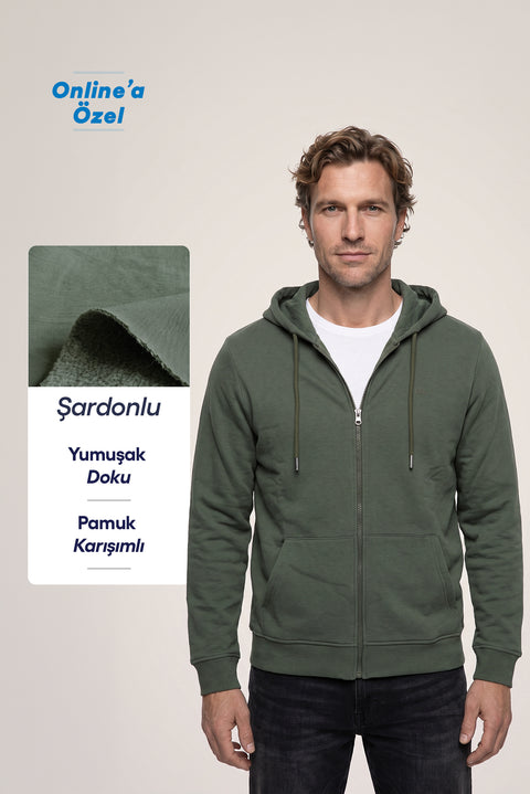 Orta Haki Kapüşonlu Fermuarlı Cepli Regular Fit Üç İplik Şardonlu Sıcak Tutan Pamuklu Basic Sweatshirt Hırka