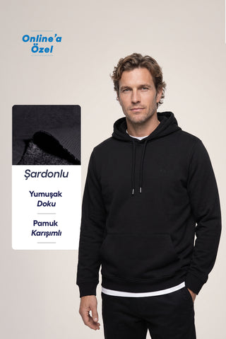  Siyah Kapüşonlu Cepli Regular Fit Şardonlu Sıcak Tutan Pamuklu Basic Sweatshirt