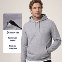 Orta Gri Melanj Kapüşonlu Cepli Regular Fit Üç İplik Şardonlu Sıcak Tutan Pamuklu Basic Sweatshirt