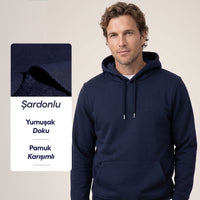 Koyu Lacivert Kapüşonlu Cepli Regular Fit Üç İplik Şardonlu Sıcak Tutan Pamuklu Basic Sweatshirt
