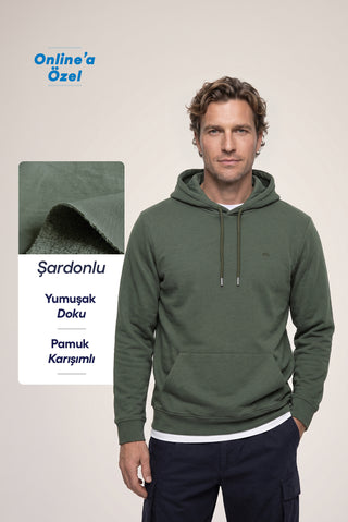  Orta Haki Kapüşonlu Cepli Regular Fit Şardonlu Sıcak Tutan Pamuklu Basic Sweatshirt
