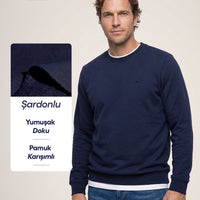 Koyu Lacivert Bisiklet Yaka Regular Fit Pamuklu Üç İplik Şardonlu Sıcak Tutan Basic Sweatshirt