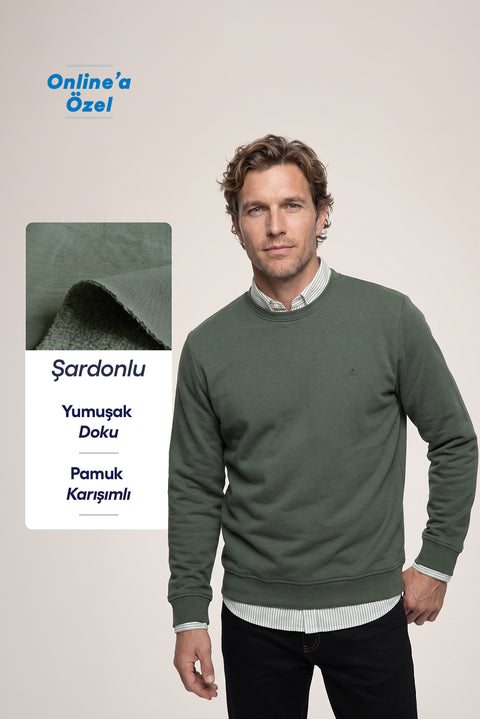 Orta Haki Bisiklet Yaka Regular Fit Pamuklu Şardonlu Sıcak Tutan Basic Sweatshirt