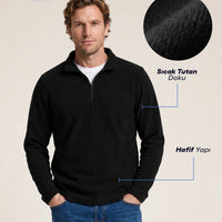 Siyah Fermuarlı Bato Yaka Regular Fit Polar Sweatshirt
