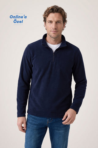  Koyu Lacivert Fermuarlı Bato Yaka Regular Fit Polar Sweatshirt