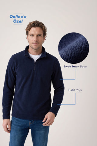  Koyu Lacivert Fermuarlı Bato Yaka Regular Fit Polar Sweatshirt