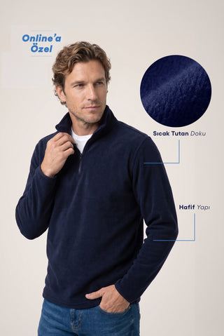  Koyu Lacivert Fermuarlı Bato Yaka Regular Fit Polar Sweatshirt
