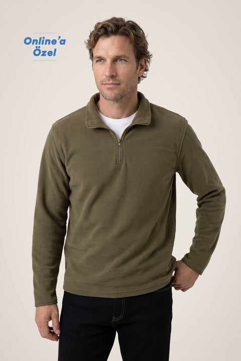 Orta Haki Fermuarlı Bato Yaka Regular Fit Polar Sweatshirt