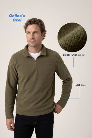  Orta Haki Fermuarlı Bato Yaka Regular Fit Polar Sweatshirt