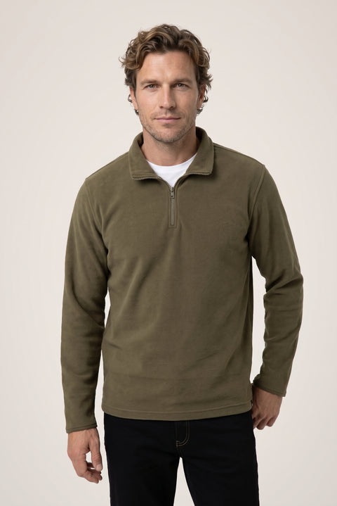 Orta Haki Fermuarlı Bato Yaka Regular Fit Polar Sweatshirt