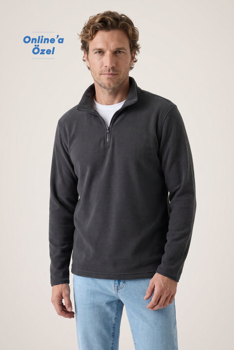 Orta Antrasit Fermuarlı Bato Yaka Regular Fit Polar Sweatshirt
