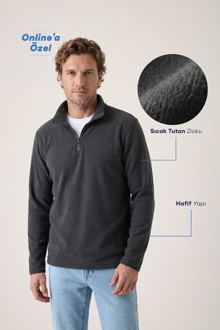  Orta Antrasit Fermuarlı Bato Yaka Regular Fit Polar Sweatshirt