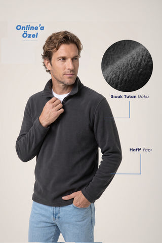  Orta Antrasit Fermuarlı Bato Yaka Regular Fit Polar Sweatshirt