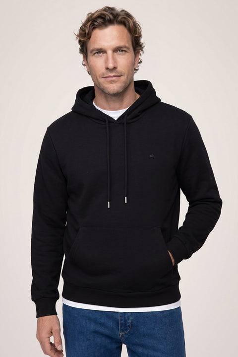 Siyah Kapüşonlu Regular Fit Pamuklu Cepli Sweatshirt