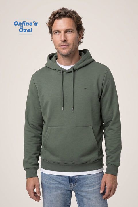 Orta Haki Kapüşonlu Regular Fit Pamuklu Cepli Sweatshirt