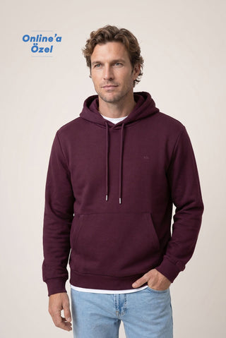  Koyu Bordo Kapüşonlu Regular Fit Pamuklu Cepli Sweatshirt