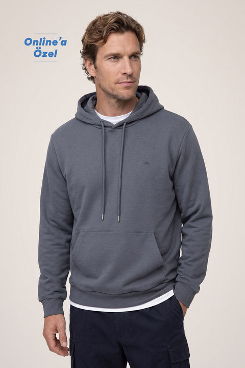 Orta Antrasit Kapüşonlu Regular Fit Pamuklu Cepli Sweatshirt