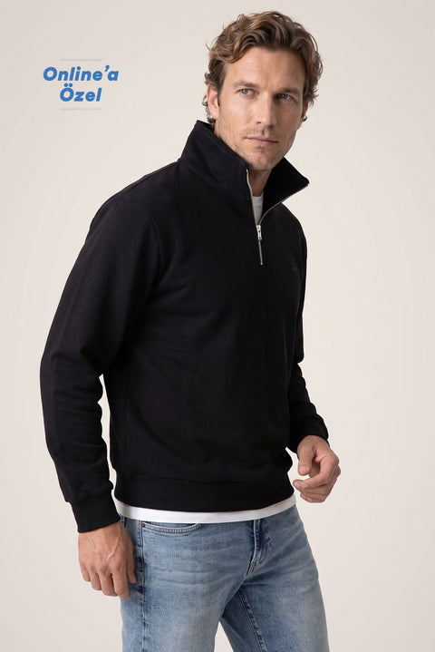 Black Zippered Polo Neck Regular Fit Sweatshirt