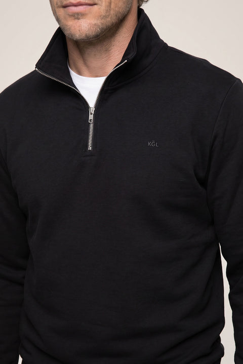 Black Zippered Polo Neck Regular Fit Sweatshirt