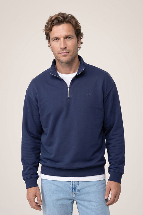 Koyu Lacivert Fermuarlı Yarım Balıkçı Yaka Regular Fit Pamuklu Basic Sweatshirt